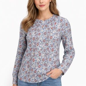 Lands’ End Blue Floral Print Button-Front Pintuck Blouse Long Sleeve Top Size XS